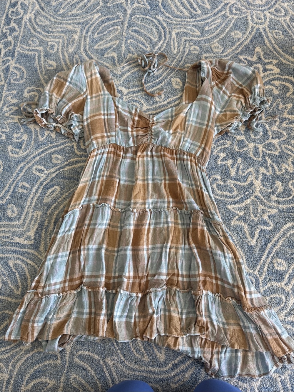 Plaid Ruffle Tiered Mini Dress in Brown & Light Blue